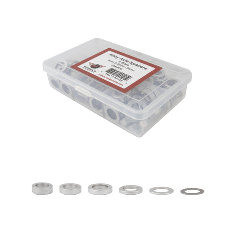Wheels Manufacturing Kit of six assorted sizes .5 to 5mm 125 Spacers in storage box