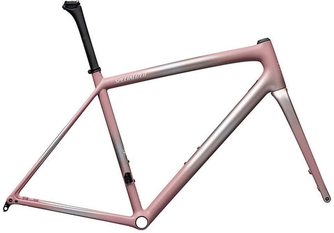 Specialized aethos frmset satin flake silver / dusky pink + champagne radial fades / dune white 58