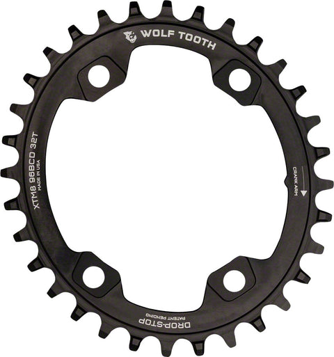 Wolf Tooth Elliptical 96 BCD Chainring - 32t 96 Asymmetric BCD 4-Bolt Drop-Stop For Shimano XTR M9000 M9020 Cranks BLK