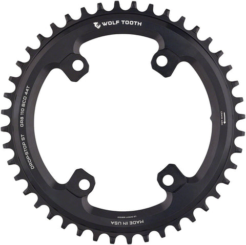 Wolf Tooth Shimano 110 Asymmetric BCD Chainring - 44t 110 Asymmetric BCD 4-Bolt Drop-Stop ST For Shimano GRX Cranks BLK